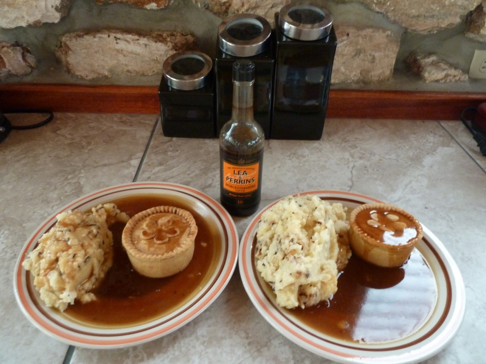 Morgans steak and Ale pies with garlic and onion mashed potatoes and bisto gravy